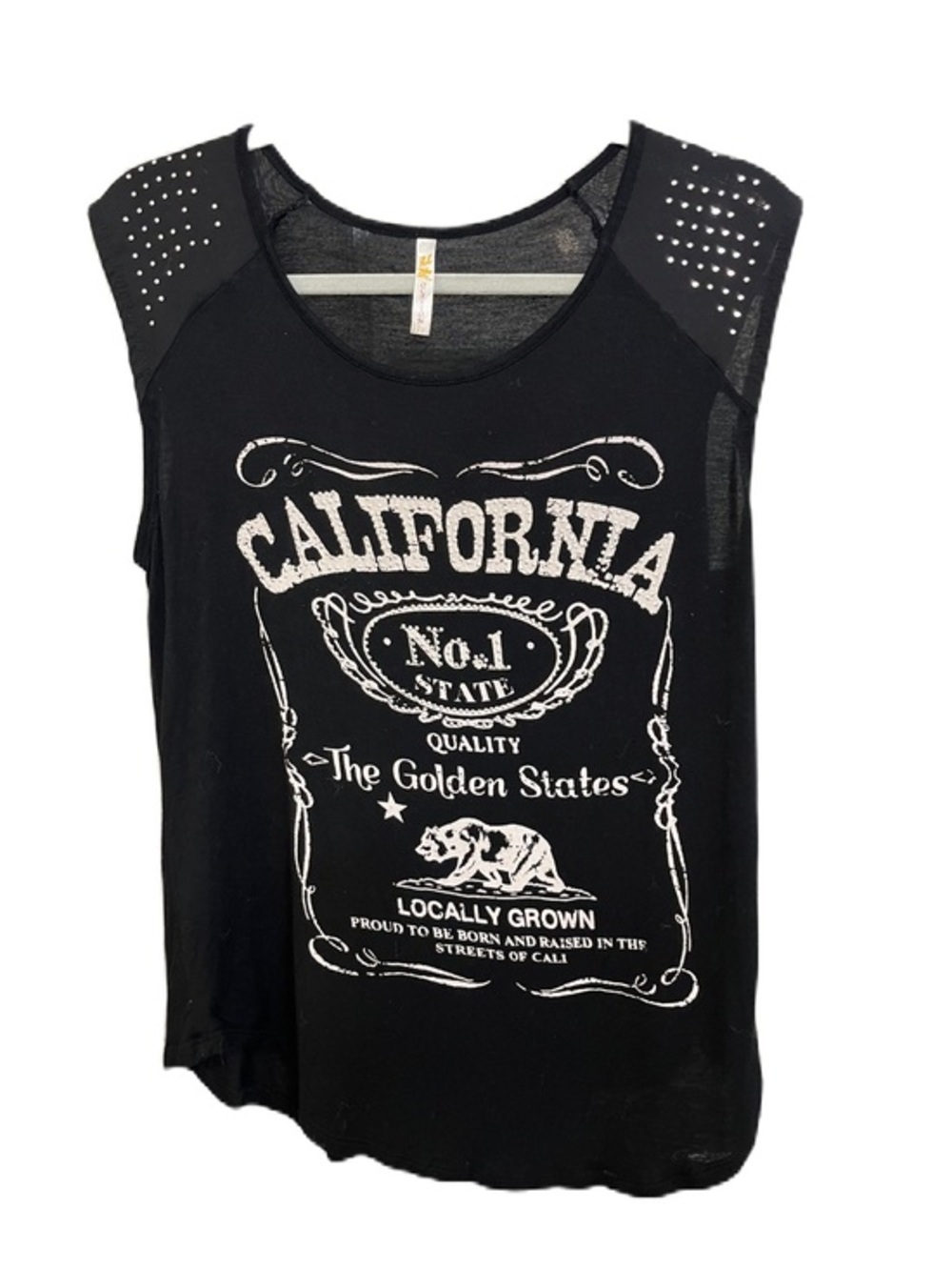California Graphic Studded Shoulder Tank Top - Black